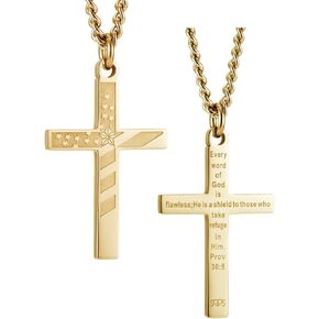Shields of Strength Men's Stainless Steel or 14K Gold Plated American Flag Cross Pendant Chain Necklace - Proverbs 30:5 Bible Verse - Christian Gifts