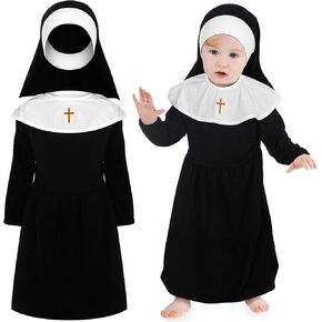 Bonuci Infant Nun Costume Set Infant's Nun Outfit Infants Nun Costume Religious Garb with Catholic White Dress White Nun Collar Veil White Collar with Gold Cross for Halloween Party Cosplay