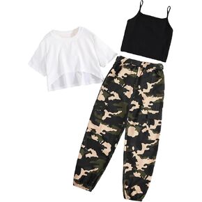 OYOANGLE Girl's 3 Piece Outfits Casual Short Sleeve Crop Tee and Camo Print Cargo Pants and Cami Top