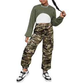MakeMeChic Girl's 3 Piece Outfits Long Sleeve Ribbed T Shirt Tank Top and Cargo Joggers Set