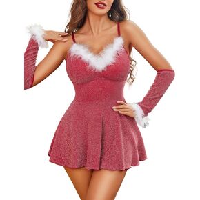 Avidlove Christmas Lingerie Womens Sexy Santa Dress Babydoll Chemise Xmas Costume With Gloves S-XXL