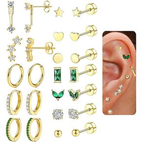 12Pairs Dainty 16K Gold Flat Back Earrings Hypoallergenic Cartilage Earring Sets for Multiple Piercing 20G Surgical Stainless Steel Earrings Stacks Small Hoop Flatback Stud Earrings