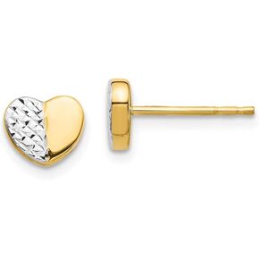 14k Yellow Gold Two Toned Diamond-Cut Heart Post Studs Earrings