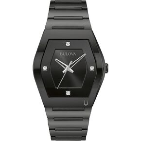 Bulova Men's Modern Gemini Diamond 3 Hand Black Stainless Steel Watch,Black Dial,Edge to Edge Crystal Model: 98D177