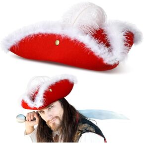 Yinkin Christmas Tricorn Pirate Hat Red Pirate Hat with Feather Captain Hook Hat Unisex Renaissance Colonial Hat Costume Headwear for Woman Men Pirate Theme Cosplay Christmas Party Costume Accessories