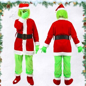 Christmas Costume for Men Green Big Monster 6PCS Deluxe Adult Santa Suit Xmas Outfit Set Halloween Holiday