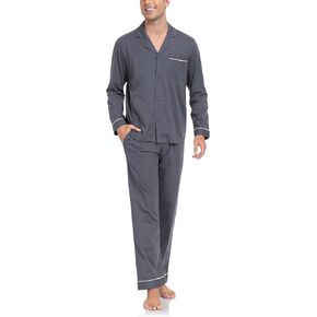 CF Mens Pajamas Set 100% Cotton Sleepwear Button Down Pj Sets Long Sleeve Lounge Set Soft Nightwear with Pockets & Front Fly