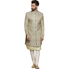 KISAH Men's Olive green Jacquard Indowestern Sherwani Kurta & Pajama Set – Regular Fit, Mandarin Collar |Indian Ethnic Wedding & Festive Wear