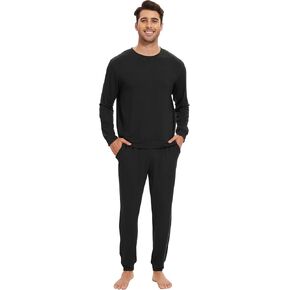 WiWi Men's Pajama Sets French Terry Sleepwear Long Sleeve Top and Pants Pjs with Pockets Drawstring S-XXL
