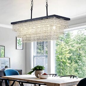 Wellmet Black Crystal Chandelier 40 inch, Modern Farmhouse Chandeliers Dining Room Lighting Fixture, Adjustable Rectangle Hanging Ceiling Light for Living Room, Kitchen Island (Black, 32 inches)