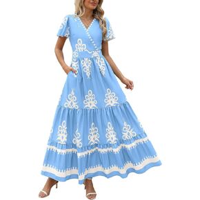 PRETTYGARDEN Womens Summer Casual V Neck Boho Maxi Dress Flowy Aline Bell Sleeve Tiered Floral Dresses with Pocket
