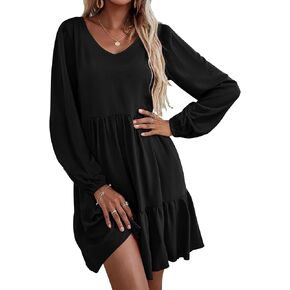 HOTOUCH Women Casual Tunic Dress V Neck Tiered Dress Long Sleeve Fit Swing Shift Dress with Pockets Loose Ruffled Dresses