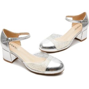 Closed Toe Heels for Women Block Chunky Heels Pumps Rhinestone Round Toe Ankle Strap Low Heel Pumps Shoes Comfortable Dress Mary Jane Shoes