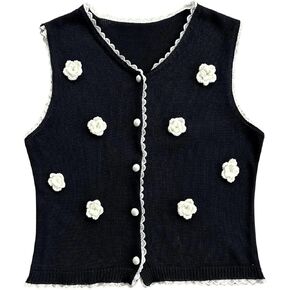 MakeMeChic Women's 3D Floral V Neck Button Down Sweater Vest Sleeveless Knitwear