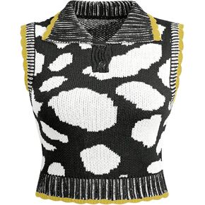 Floerns Women's Allover Print Sleeveless Knitted Tank Lapel Collar Sweater Vest