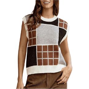 MakeMeChic Women's Plaid Crew Neck Sweater Vest Sleeveless Knit Vests Top