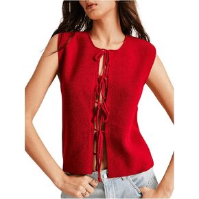 MakeMeChic Women's Tie Front Crew Neck Sweater Vest Sleeveless Plain Slim Fit Knit Tops