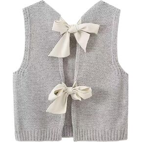 BAIGRAM Women Cute Cropped Knit Bow Sweater Vest Open Back Tie Tops Sleeveless Cardigan Casual Teens Shirts
