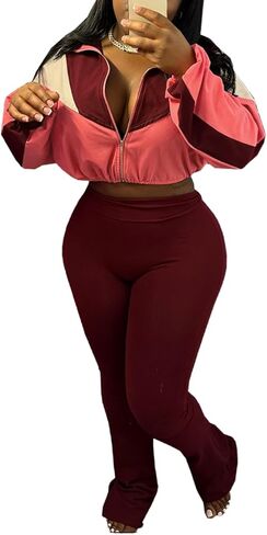 Womens 2 Piece Outfits Color Block Long Sleeve Jacket Top Slim Pants Casual Going Out Tracksuit in Saudi Arabia