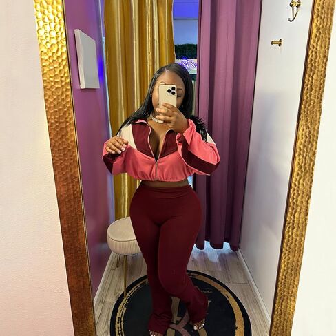 Womens 2 Piece Outfits Color Block Long Sleeve Jacket Top Slim Pants Casual Going Out Tracksuit in Saudi Arabia