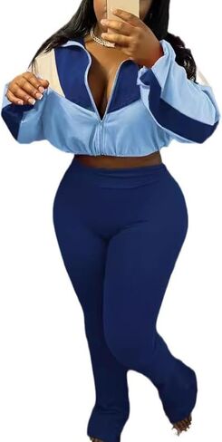 Womens 2 Piece Outfits Color Block Long Sleeve Jacket Top Slim Pants Casual Going Out Tracksuit in Saudi Arabia