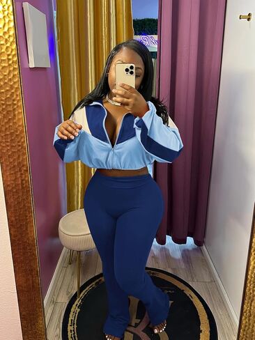 Womens 2 Piece Outfits Color Block Long Sleeve Jacket Top Slim Pants Casual Going Out Tracksuit in Saudi Arabia