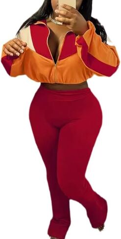 Womens 2 Piece Outfits Color Block Long Sleeve Jacket Top Slim Pants Casual Going Out Tracksuit in Saudi Arabia