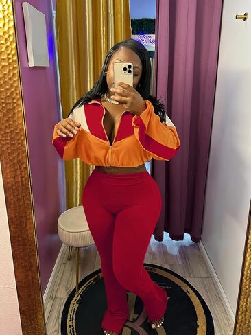 Womens 2 Piece Outfits Color Block Long Sleeve Jacket Top Slim Pants Casual Going Out Tracksuit in Saudi Arabia