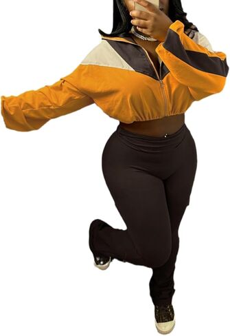 Womens 2 Piece Outfits Color Block Long Sleeve Jacket Top Slim Pants Casual Going Out Tracksuit in Saudi Arabia