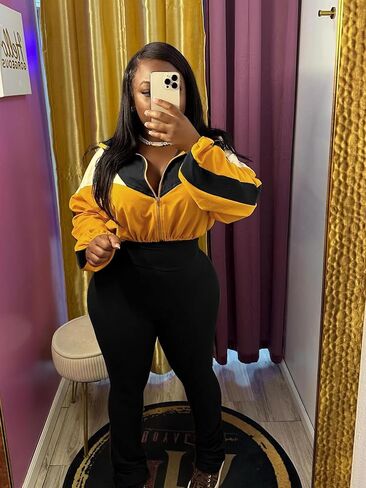 Womens 2 Piece Outfits Color Block Long Sleeve Jacket Top Slim Pants Casual Going Out Tracksuit in Saudi Arabia