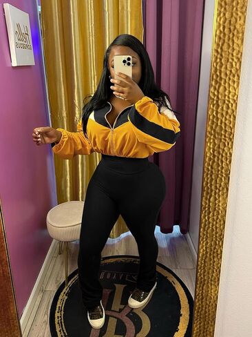 Womens 2 Piece Outfits Color Block Long Sleeve Jacket Top Slim Pants Casual Going Out Tracksuit in Saudi Arabia