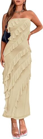 BTFBM Women Summer Elegant Strapless Midi Ruched Bodycon Dress Solid Color Stretch Mesh Slim Party Cocktail Dresses in Kuwait
