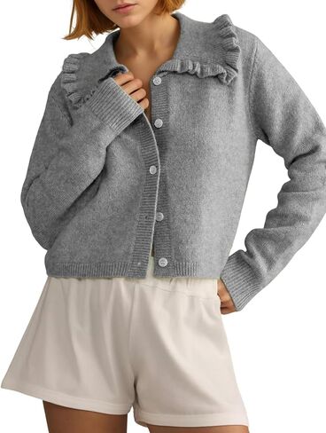 Arssm Womens Ruffle Collar Cardigan Cropped Button Down Open Front Sweaters Knitted Long Sleeve Fall 2024 Elegant Outwear in Saudi Arabia