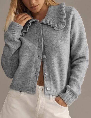 Arssm Womens Ruffle Collar Cardigan Cropped Button Down Open Front Sweaters Knitted Long Sleeve Fall 2024 Elegant Outwear in Saudi Arabia