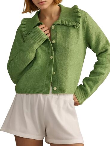 Arssm Womens Ruffle Collar Cardigan Cropped Button Down Open Front Sweaters Knitted Long Sleeve Fall 2024 Elegant Outwear in Saudi Arabia