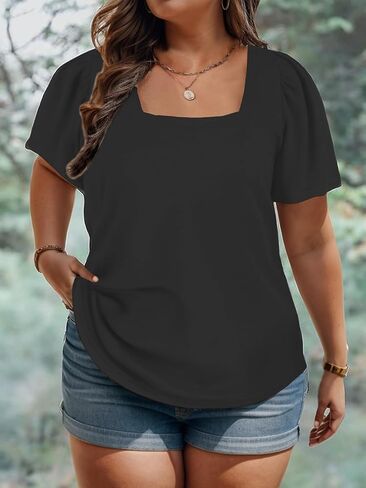 VISLILY Womens-Plus-Size-Tops Summer Puff Short Sleeve T Shirts Square Neck Tees Loose Fashion Tunics XL-5XL in Saudi Arabia