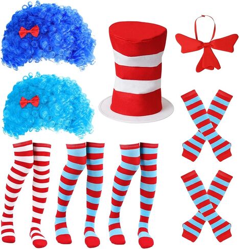 Wehhbtye 9 Pcs Blue Thing Costume Set, Blue Fuzzy Curly Wig with Red White Striped Hat, Blue Red Striped Costume Outfit Accessories for Women Halloween Cosplay Costume Themed Party in Kuwait