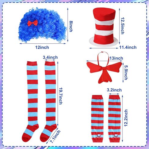 Wehhbtye 9 Pcs Blue Thing Costume Set, Blue Fuzzy Curly Wig with Red White Striped Hat, Blue Red Striped Costume Outfit Accessories for Women Halloween Cosplay Costume Themed Party in Kuwait