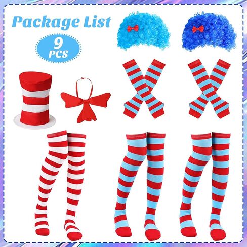 Wehhbtye 9 Pcs Blue Thing Costume Set, Blue Fuzzy Curly Wig with Red White Striped Hat, Blue Red Striped Costume Outfit Accessories for Women Halloween Cosplay Costume Themed Party in Kuwait