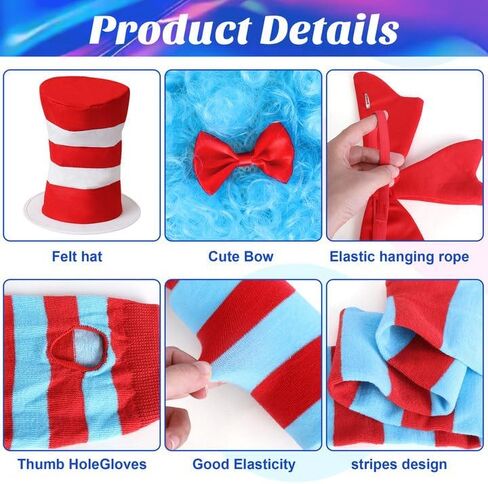 Wehhbtye 9 Pcs Blue Thing Costume Set, Blue Fuzzy Curly Wig with Red White Striped Hat, Blue Red Striped Costume Outfit Accessories for Women Halloween Cosplay Costume Themed Party in Kuwait