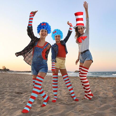 Wehhbtye 9 Pcs Blue Thing Costume Set, Blue Fuzzy Curly Wig with Red White Striped Hat, Blue Red Striped Costume Outfit Accessories for Women Halloween Cosplay Costume Themed Party in Kuwait