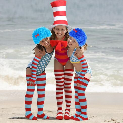 Wehhbtye 9 Pcs Blue Thing Costume Set, Blue Fuzzy Curly Wig with Red White Striped Hat, Blue Red Striped Costume Outfit Accessories for Women Halloween Cosplay Costume Themed Party in Kuwait