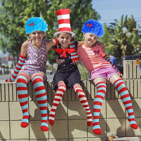 Wehhbtye 9 Pcs Blue Thing Costume Set, Blue Fuzzy Curly Wig with Red White Striped Hat, Blue Red Striped Costume Outfit Accessories for Women Halloween Cosplay Costume Themed Party in Kuwait