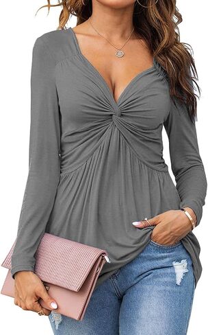Tankaneo Women V-Neck Front Knotted Blouse Shirt Long Sleeve Elegant Casual T-Shirt Solid Color Pullover Tops in Kuwait
