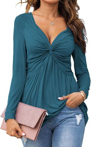 Tankaneo Women V-Neck Front Knotted Blouse Shirt Long Sleeve Elegant Casual T-Shirt Solid Color Pullover Tops in Kuwait