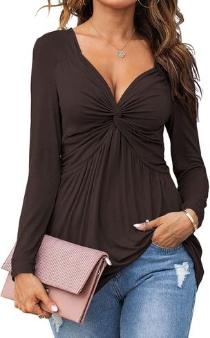 Tankaneo Women V-Neck Front Knotted Blouse Shirt Long Sleeve Elegant Casual T-Shirt Solid Color Pullover Tops in Kuwait