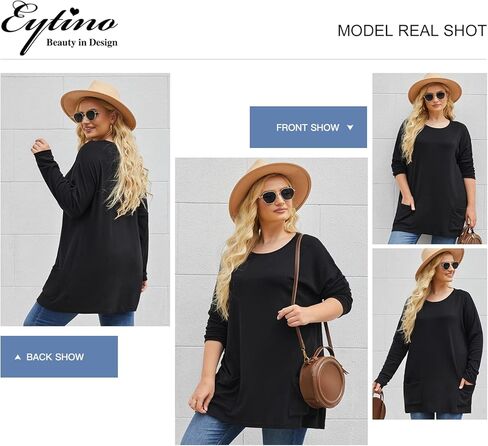 Eytino Womens Plus Size Long Sleeve Tops Crewneck Lightweight Sweatshirt Loose Casual Oversized T Shirts with Pockets(1X-5X) in Kuwait