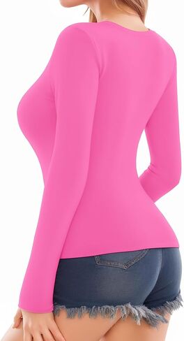 MANGOPOP Deep V Neck Long Sleeve Shirts for Women Sexy Slim Fitted T Shirt Tops in Kuwait