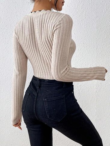 Women's Sweetheart Neck Ribbed Knit Bodysuit Shirts Long Sleeve Slim Fit Lettuce Trim Tee Tops in Saudi Arabia