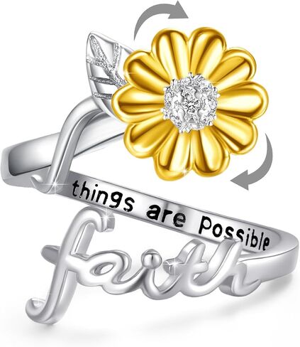 Cuoka Silver Sunflower Faith Anxiety Ring, Adjustable You Are My Sunshine Open Faith Religious Ring Christian Inspiring Incentive Jewerly Gifts for Women in Kuwait